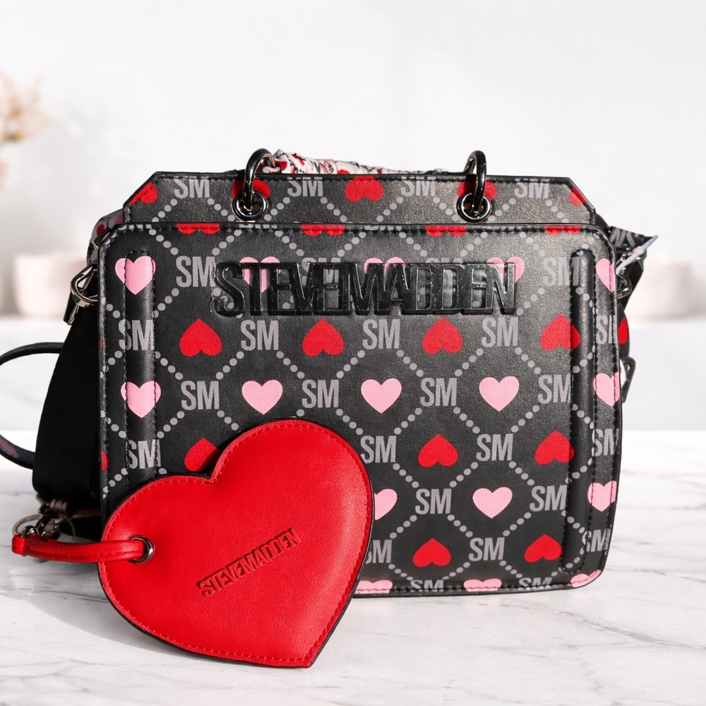 Steve Madden Black Crossbody Bag with Red and Pink Hearts
